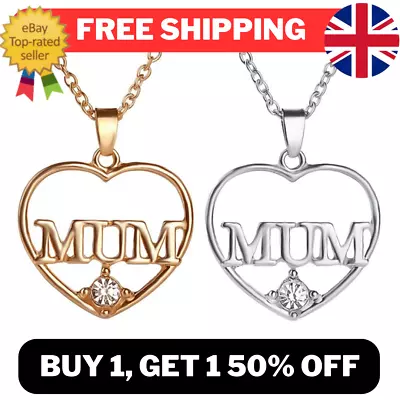 Mum Silver Gold Necklace Crystal Heart Mother's Day Gift Mum Pendant Mummy Gifts • £2.99