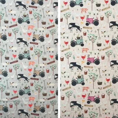 Digitally Printed Fabric Pure Cotton Panama On The Farm Tractor Animals Cow • £1.50