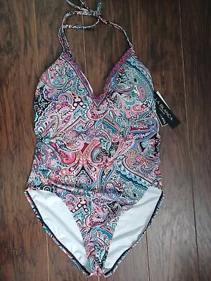 La Blanca Swimsuit One Peice Women's 14 Paisley Tummy Control Swimwear V-neck • $44