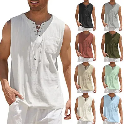 Mens Cotton Linen Sleeveless T Shirt Lace Up Tunic Muscle Vest Tank Tops 3XL 44 • £12.99