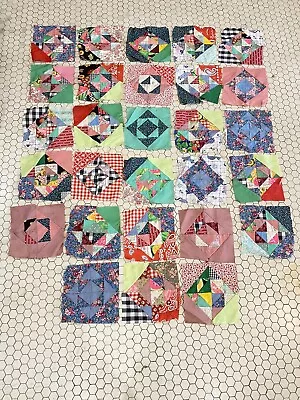 28 Vintage 1980 Folky Crazy Quilt Blocks Top Hand Pieced Sewn 7” Sq • $38