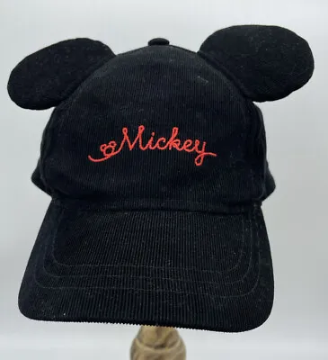 Disney Jr Mickey Mouse Corduroy Black Hat With Ears Red Script Mickey GUC • $12.15