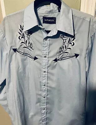 Vintage Embroidered Western Shirt Size L Pearl Snap Button Cowboy Style Blue • $40