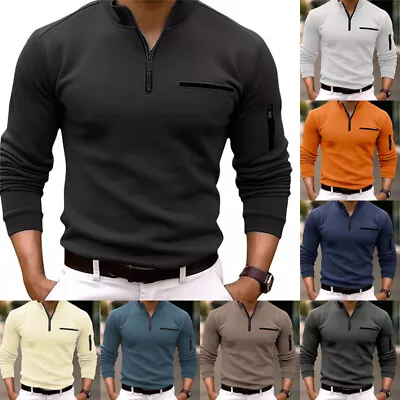 Men Golf Long Sleeve Polo Shirt 1/4 Zip Casual Sport Slim Fit Solid T Shirt Top • £12.34