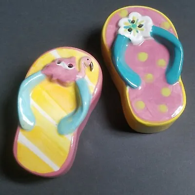 Salt & Pepper Flip Flops Tropical Rare Design Ceramic Pink Flamingo Yellow Small • £25.62