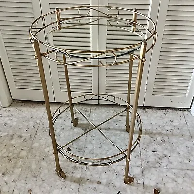 Mid Century Gold Metal Rolling Bar-Tea Cart Mirrored Top Clear Glass Bottom • $139