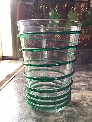 Vintage Blenko Handblown # 474 Glass Beaker Vase With Green Spiral Swirl • $42