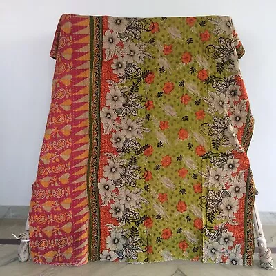 Reversible Vintage Kantha Quilt Multicoloured Twin Blanket Bohemian Bed Runner • £21.54