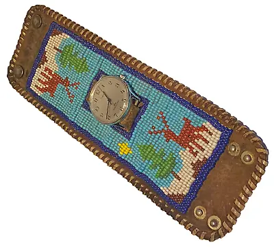 Vintage Native Tribal Pictorial Hand Beaded Leather Watch Band Bracelet • $88