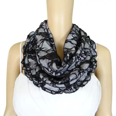 Black And White Infinity Scarf. Stretch Lace Circle Scarf. Ruffle Edge Scarf. • £10.25