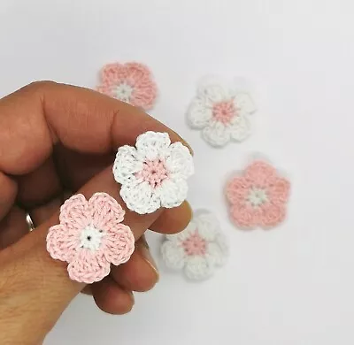 £5.50 • Buy 6 Tiny Handmade Crochet White/Pink Flowers Applique, Micro Flowers For Sewing 