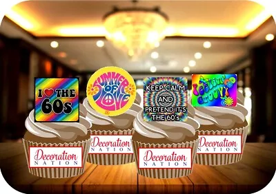 60s Party Mix NEW - 12 PREMIUM STAND UP Edible Cake Toppers Hippy Groovy Sixties • £3.79