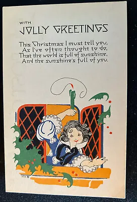 VINTAGE~PF VOLLAND ~ARTS & CRAFTS~CHRISTMAS POSTCARD~Girl In Window ~Candle~b842 • $8.99