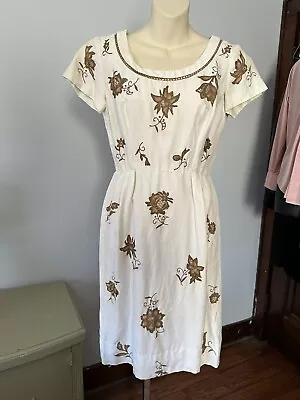 Vintage 50’s Branell White Linen & Floral Crochet Lace Wiggle Dress S • $52