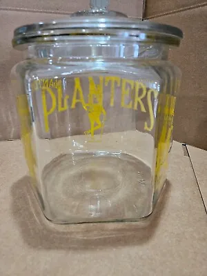 Vintage Planters Hexagonal Yellow  Mr. Peanut  Glass Counter Jar With Peanut Lid • $125