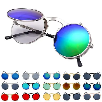 Metal Flip Up Lens Steampunk Sunglasses Vintage Retro Style Round Sun Glasses • $10.99