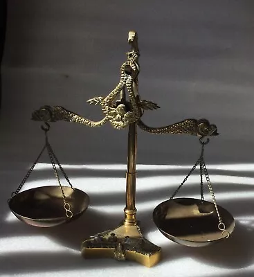 Beautiful Set Of Stylised Fish Brass Balance Scales With Weights 8 1/2” High • $30.84