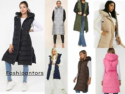 £29.99 • Buy Ladies Long Line Hooded Puffer Gilet Jacket Padded Body Warmer Side Pockets Zips