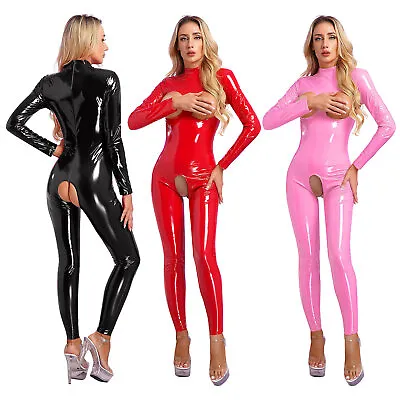 $29.94 • Buy Women Hollow Out Bodysuit Shiny Patent Leather Full Body Jumpsuit Zipper Catsuit
