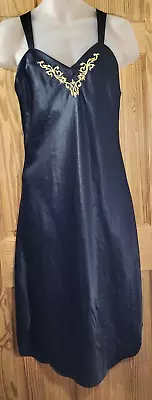 Vintage 80s Val Mode Lingerie Satin Midi Length Nightgown Slip Black Medium • $24.99