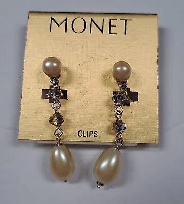 Vintage Monet Dangle Clip On Earrings Crystals And Faux Pearl NWT • $13