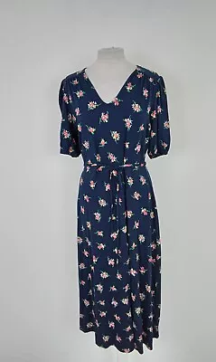 £12.99 • Buy Women's M&S Dress Blue Floral V Neck Belted Short Sleeve Jersey Midi NWOT F2