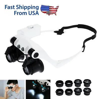 Headband Head Magnifier 8 Lens LED Light Jeweler Watch Loupe Tweezer Magnifying • $12.95