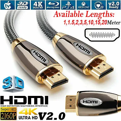 Premium 4k Hdmi Cable 2.0 High Speed Gold Plated Braided Lead 2160p 3d Hdtv Uhd • £6.45