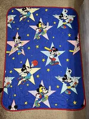 Vintage 90s Mickey Mouse Blue Sporty Quilt Blanket 41x54” Made In USA With Stars • $50