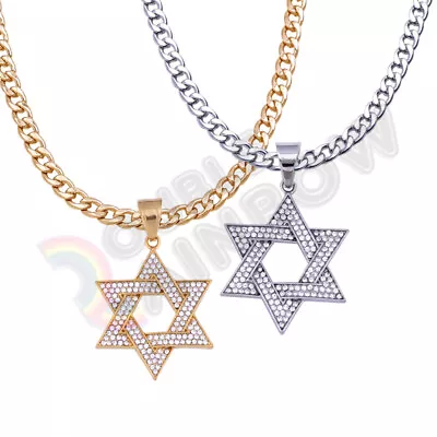 Men Stainless Steel Star Of David Necklace CZ Jewish 3mm-6mm/18 -36 Chain  P109 • $13.73