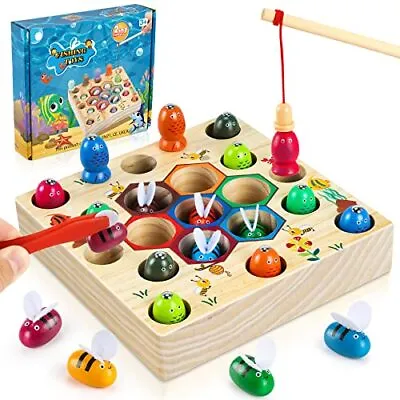 Wooden Fishing Game Toy Gifts For 2 - 4 Year Old Boy Girl 2 - 1 Magnetic Fishing • £13.88