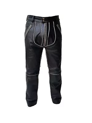 Mens Cow Leather Pants Black With White Piping Jeans Heavy Duty Rear Zip Trouser • $109.99