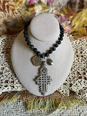 Julio Designs Cross Necklace Gold Silver Pyrite Black Stones Taureg Roman Mixed • $29.99