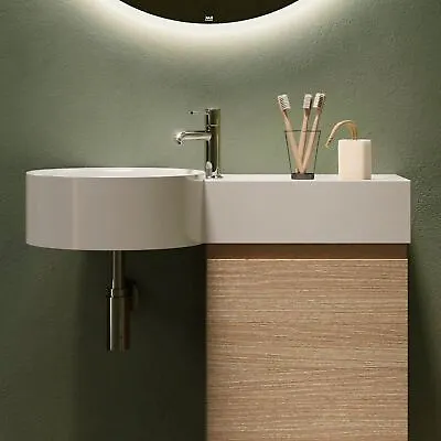 RAK Petit Bathroom Wall Hung Basin Sink Right Ledge Round Storage Alpine White • £192.72