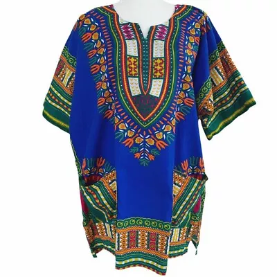 Vintage Tribal African Dashiki Caftan Tunic Top Pockets Unisex Blue L • $24