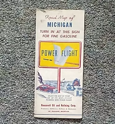 Vintage 1940’s Roosevelt Oil & Refining Gas Station Michigan Road Map • $35