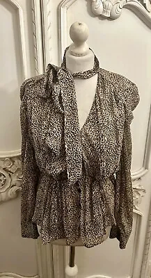 Zara Leopard Pussybow Peplum Puff Sleeve Blouse XXL • £4.99