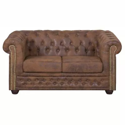 Classic Luxury Chesterfield York 2 Seater Sofa Furniture In Brown Leather +Wood • £1239.33