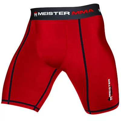 MEISTER RED COMPRESSION RUSH SHORTS W/ CUP POCKET - MMA Vale Tudo BJJ Rash Guard • $26.99