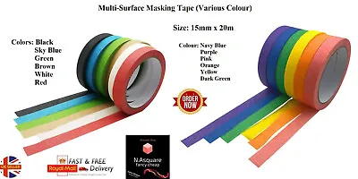 MASKING TAPE MULTIPLE COLOUR PAINTERS TAPE CLEAN PEEL UV RESISTANT 15mm X 20m  • £3.29