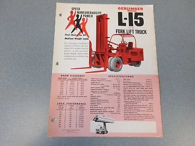 Old 1954 Gerlinger L-15 Forklift Sales Sheet 15000 Pound Pallet Truck • $40