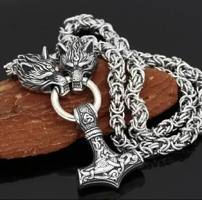 Men Norse Viking Thor Hammer Mjolni Pendant Stainless Steel Wolf Chain Necklace • £19.85