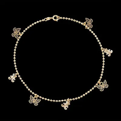 9K 9ct Yellow Gold Plated Ladies Beaded Butterfly ANKLE CHAIN ANKLET . L=10.2  • £8.99