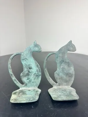 Vintage Pair Of Cast Bronze Seated Cat Bookends Patina Art Nouveau Style • $115.87