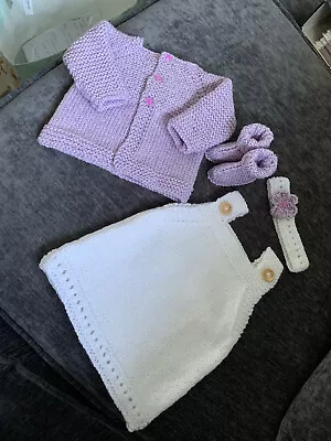 New Hand Knitted Baby Girl Sparkly Dress Set Newborn/First Size White Lilac • £10.99