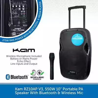 Kam RZ10AP 10  550W Portable PA Speaker With Bluetooth & Wireless Microphone • £189.99