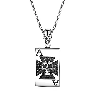 Mens Gothic Skull Lucky Ace Poker Card Pendant Necklace Stainless Steel Chain24  • $14.99