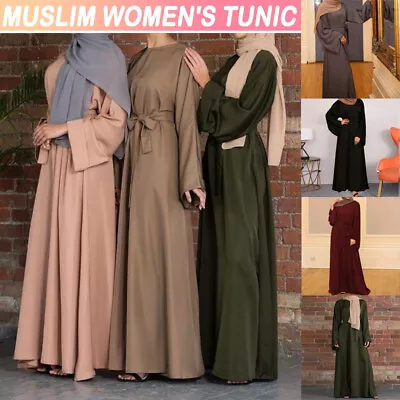 Womens Ladies Plain Abaya With Belt Jilbab Kaftan Muslim Dress Cardigan Robe UK • £12.88