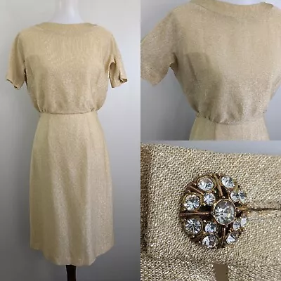 True Vintage 60s Cocktail Dress Mad Men Mod Sparkle Metallic Gold Sheath Pencil • $84