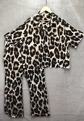 H&M Womens Leopard Lounge Wear Set Size Large Short Sleeve Top & Pants Rayon • $18.04